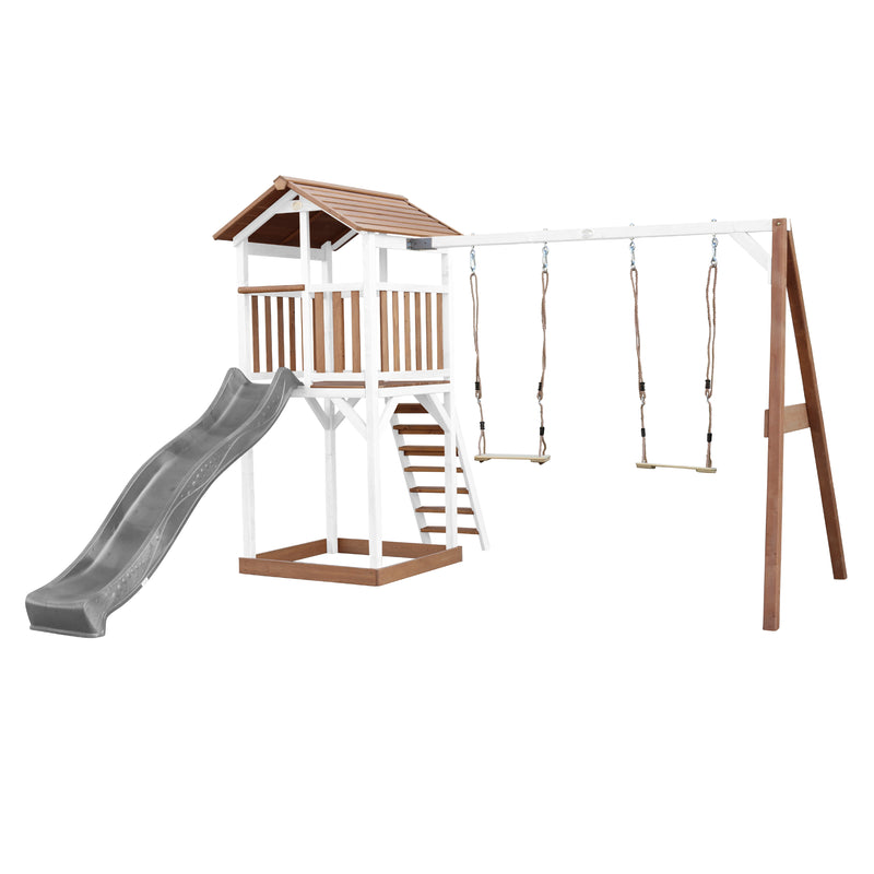 AXI Beach Tower Legetårn med Dobbelt Gynge Brun/Hvid - Grå Rutsjebane