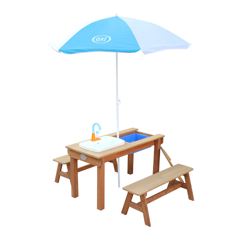 AXI Dennis Sand- & Vand Picnicbord med legekøkkenvask og bænke Brun - Parasol Blå/Hvid