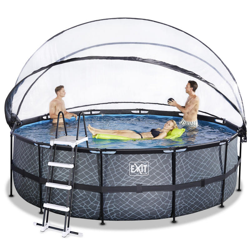 EXIT Stone pool ø488x122cm med dome og sandfilterpumpe - grå