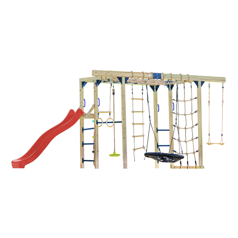 AXI Boris Legetårn med Gynger, Trapez, Klatrenet og Monkey Bars – Rød Rutsjebane