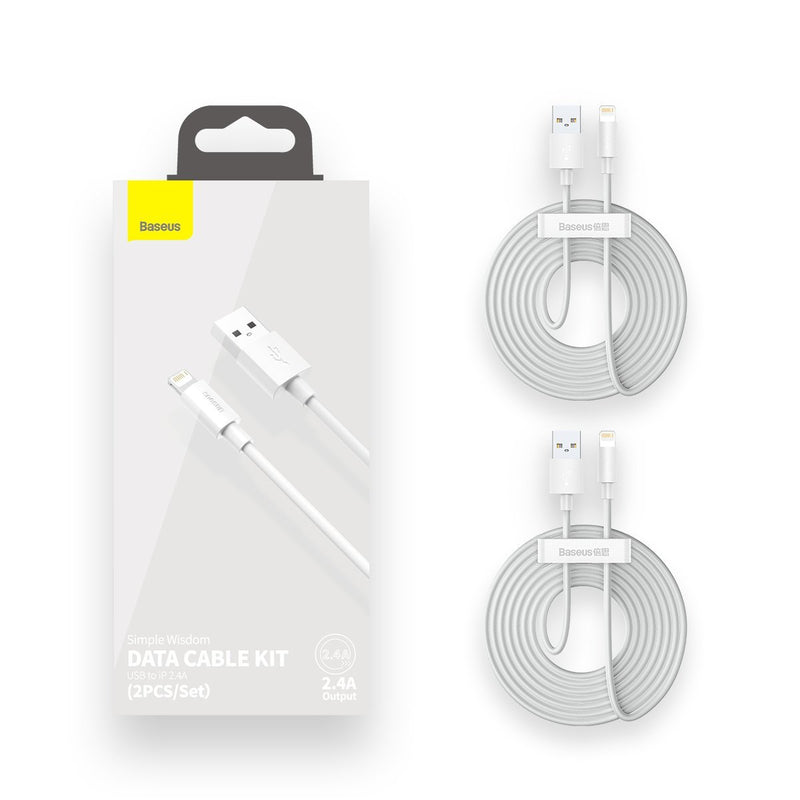 Baseus Simple Wisdom kabelsæt USB til Lightning 2.4A (2 stk./sæt) 1.5m hvid