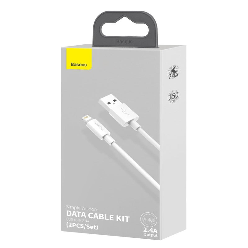 Baseus Simple Wisdom kabelsæt USB til Lightning 2.4A (2 stk./sæt) 1.5m hvid
