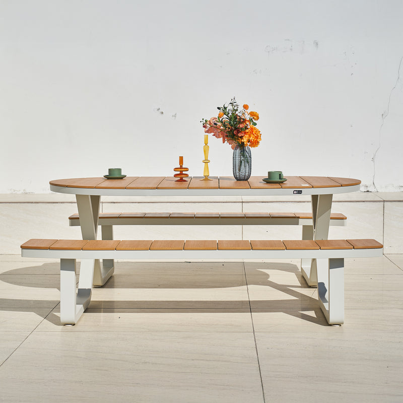 AXI Jax Picnicbord med 2 bænke Oval – Sandy Beige/Teak-look Polywood