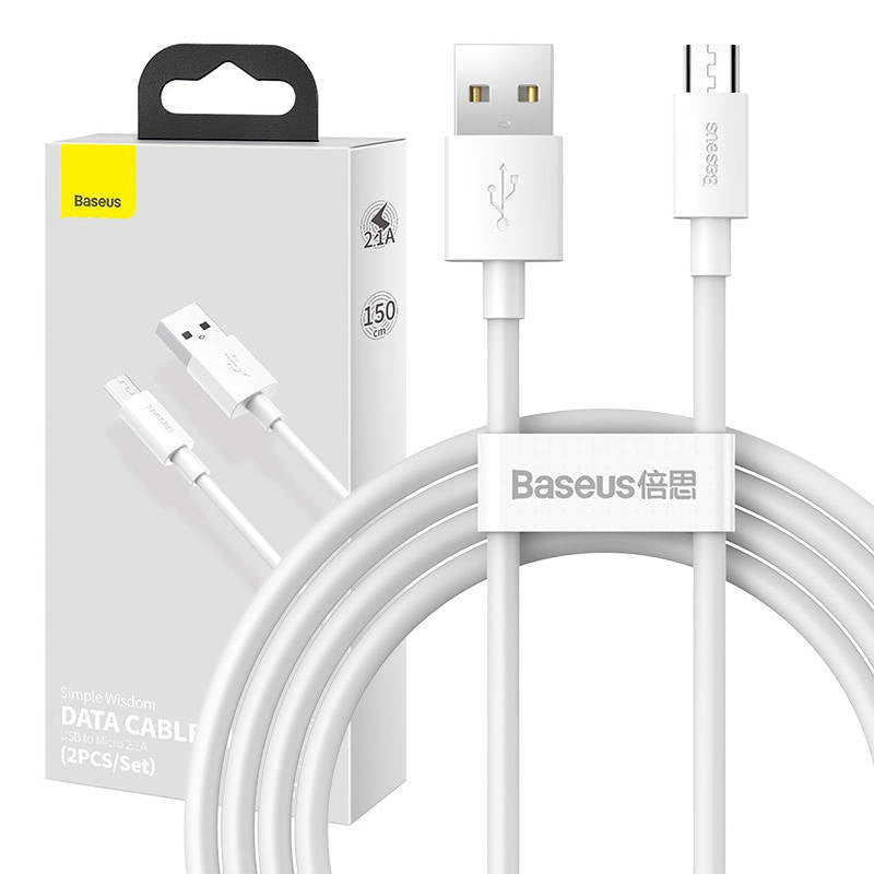 Baseus Simple Wisdom kabelsæt USB til Micro 2.1A (2 stk./sæt) 1.5m hvid