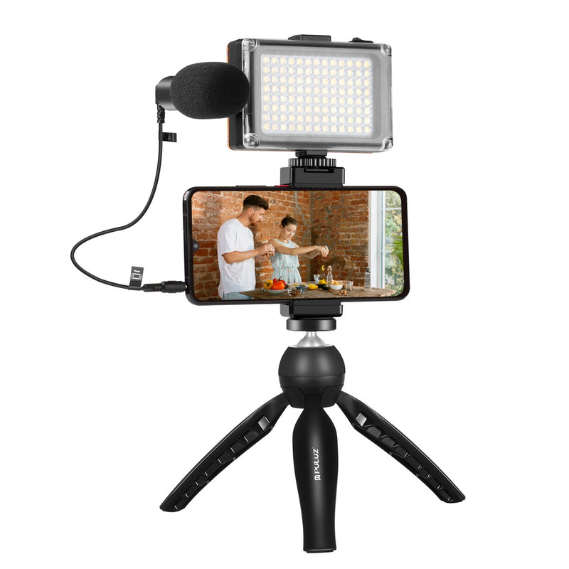 Puluz livestreaming-sæt: stativ, LED-lampe, mikrofon og telefonholder PKT3132B