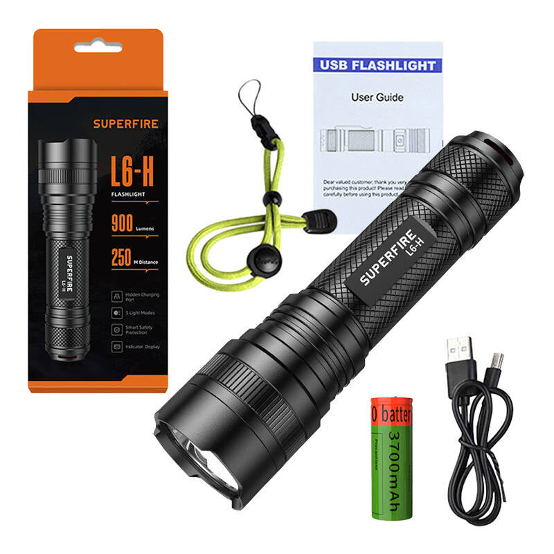 Superfire L6-H lommelygte, 900 lm, 15W, USB-C, 5 tilstande