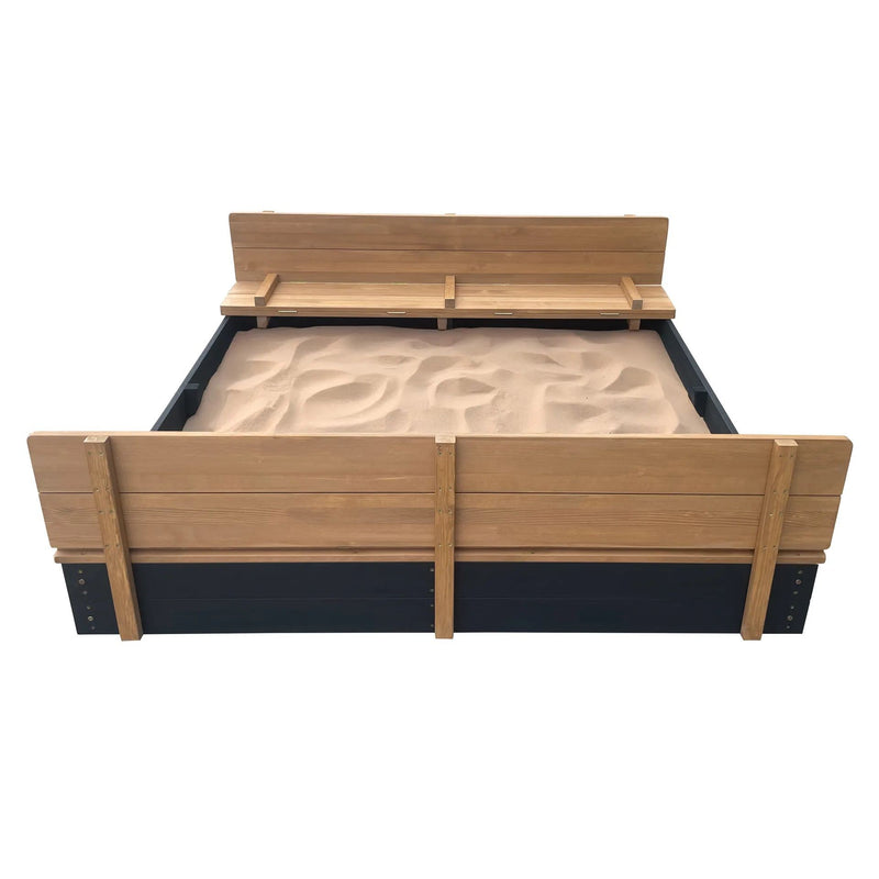 Ella XXL sandkasse 150 x 150 x 20 cm med bænke og låg - Antracit/brun