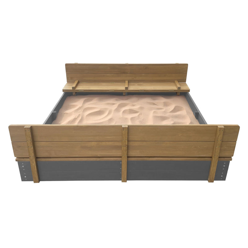 Ella XXL sandkasse 150 x 150 x 20 cm med bænke og låg - grå/brun