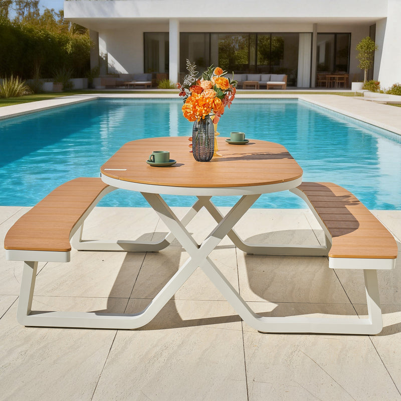 AXI Jax Picnicbord med 2 bænke Oval – Sandy Beige/Teak-look Polywood