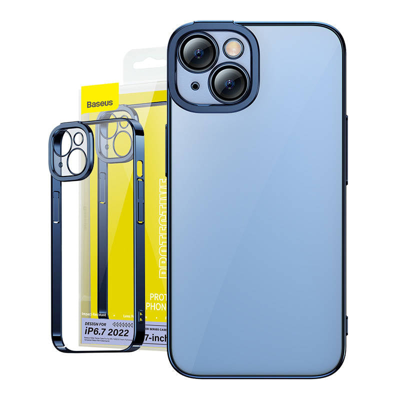 Baseus Glitter sæt med gennemsigtigt cover og hærdet glas til iPhone 14 Plus (blå)