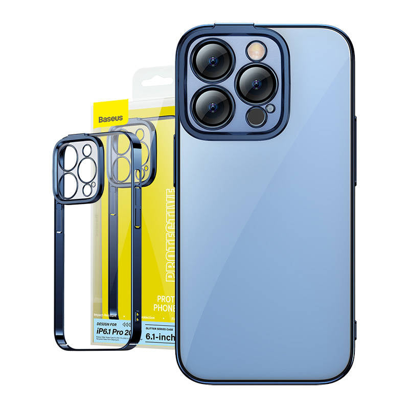 Baseus Glitter sæt med gennemsigtigt cover og hærdet glas til iPhone 14 Pro (blå)