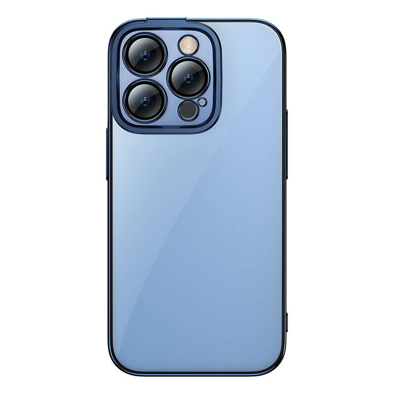 Baseus Glitter sæt med gennemsigtigt cover og hærdet glas til iPhone 14 Pro (blå)