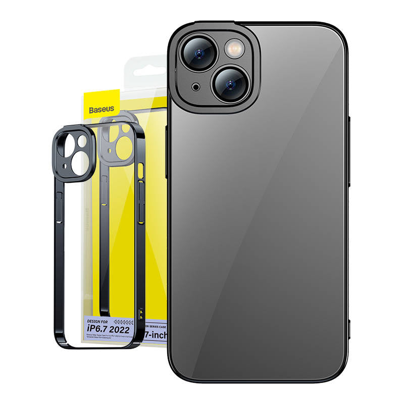 Baseus Glitter sæt med gennemsigtigt cover og hærdet glas til iPhone 14 Plus (sort)