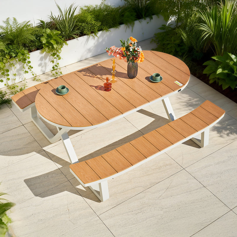 AXI Jax Picnicbord med 2 bænke Oval – Sandy Beige/Teak-look Polywood