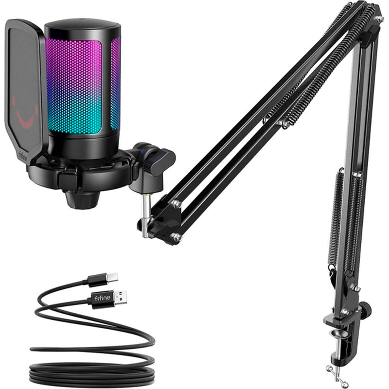 FIFINE A6T RGB USB-kondensatormikrofon med mikrofonarm, sort