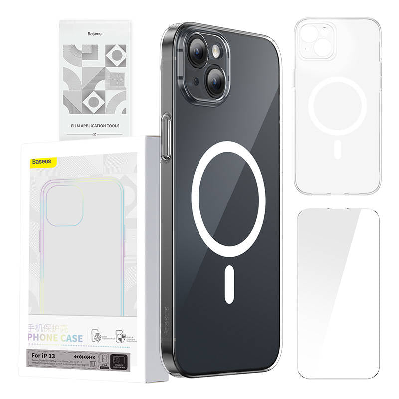 Baseus Magnetic Crystal Clear mobilcover til iPhone 13 (gennemsigtig) med skærmbeskyttelse i hærdet glas og rensesæt