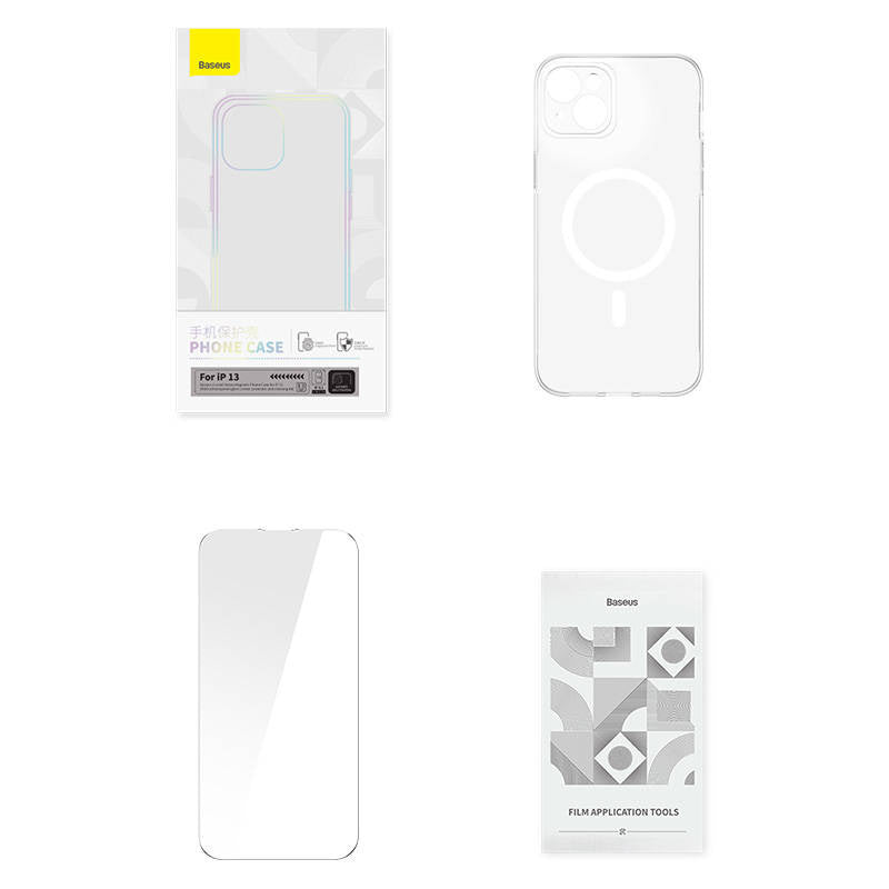 Baseus Magnetic Crystal Clear mobilcover til iPhone 13 (gennemsigtig) med skærmbeskyttelse i hærdet glas og rensesæt