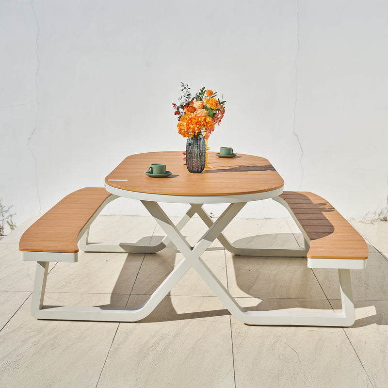 AXI Jax Picnicbord med 2 bænke Oval – Sandy Beige/Teak-look Polywood