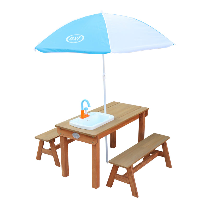 AXI Dennis Sand- & Vand Picnicbord med legekøkkenvask og bænke Brun - Parasol Blå/Hvid