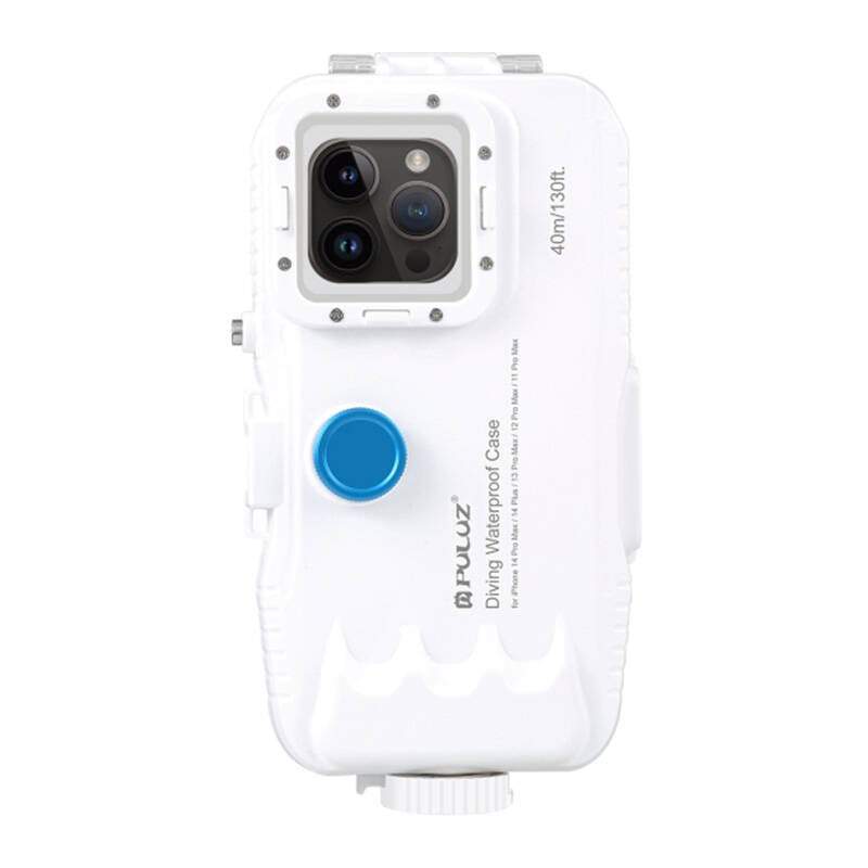 Puluz vandtæt plastetui til iPhone 15 Plus/15 Pro Max/14 Plus/14 Pro Max/13 Pro Max/12 Pro Max/11 Pro Max (hvid)