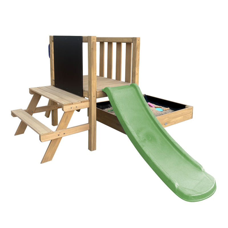 AXI Leah Mini Legetårn med Sandkasse, Picnicbord og Tavle – Limegrøn Rutsjebane
