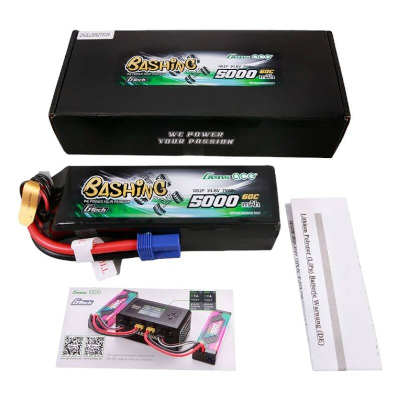 Gens Ace G-Tech LiPo-batteripakke 5000mAh 14.8V 4S1P 60C med EC5-stik, Bashing Series