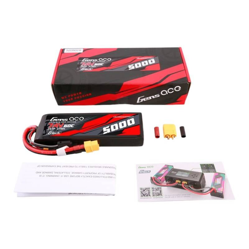 Gens Ace G-Tech LiPo 5000mAh 7.4V 60C 2S1P med PC-kabinet og XT60-stik