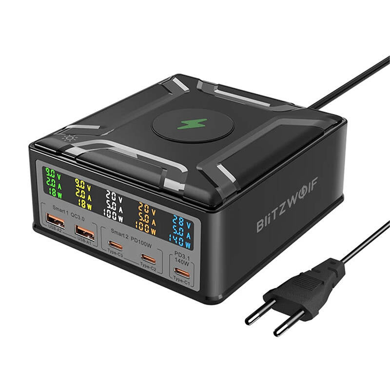 Blitzwolf BW-S28 lader 260W, 2xUSB-A, 3xUSB-C, 15W trådløs opladning (sort)