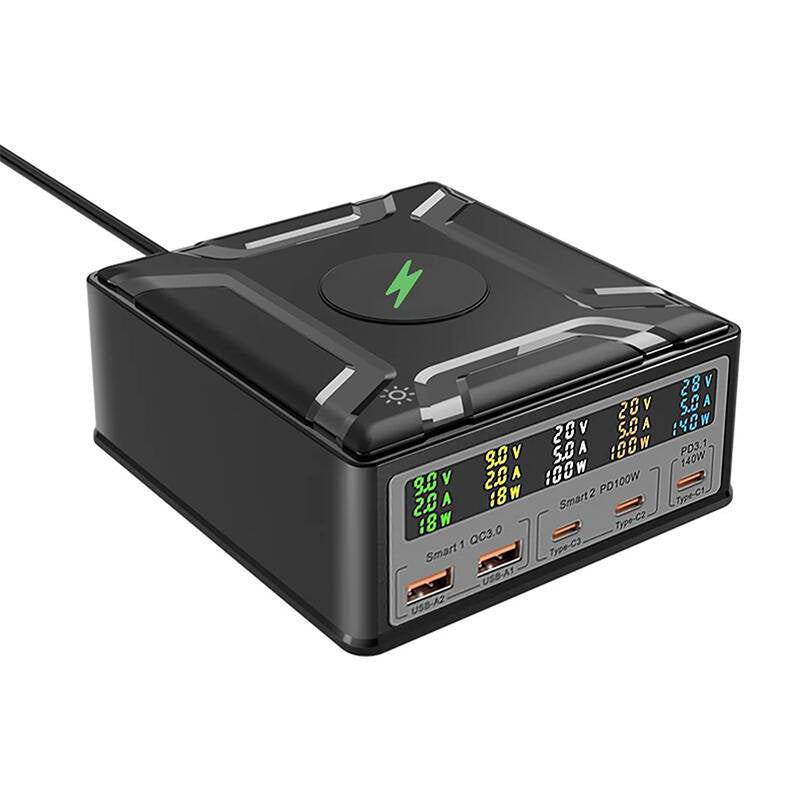 Blitzwolf BW-S28 lader 260W, 2xUSB-A, 3xUSB-C, 15W trådløs opladning (sort)