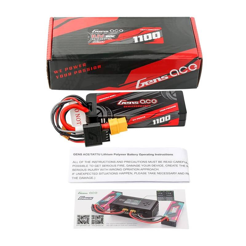 Gens Ace G-Tech 1100mAh 11.1V 3S1P 60C GRP-76 LiPo-batteri i hardcase med XT60-stik