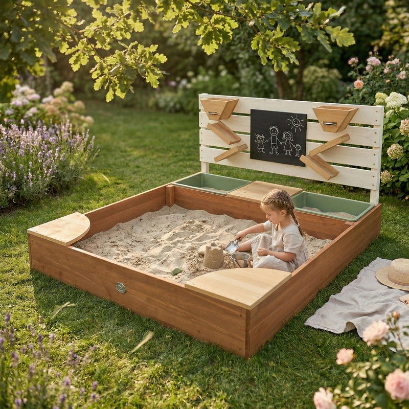 AXI Cato Sandkasse 100 x 105 cm med Sand- og Vandbakker og Legevæg - Beige/Brun