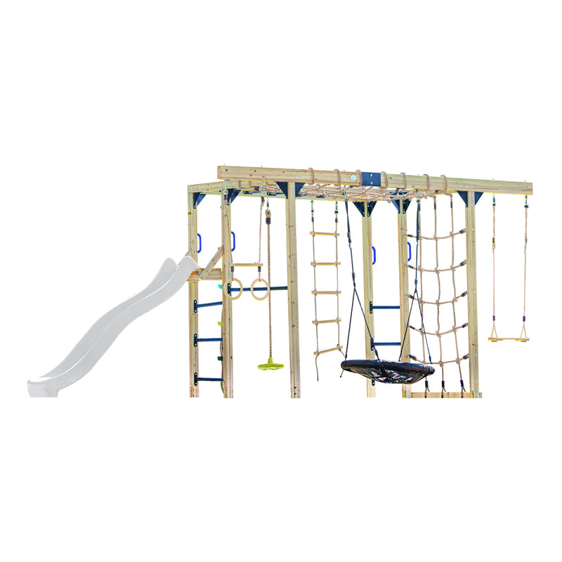 AXI Boris Legetårn med Gynger, Trapez, Klatrenet og Monkey Bars – Hvid Rutsjebane