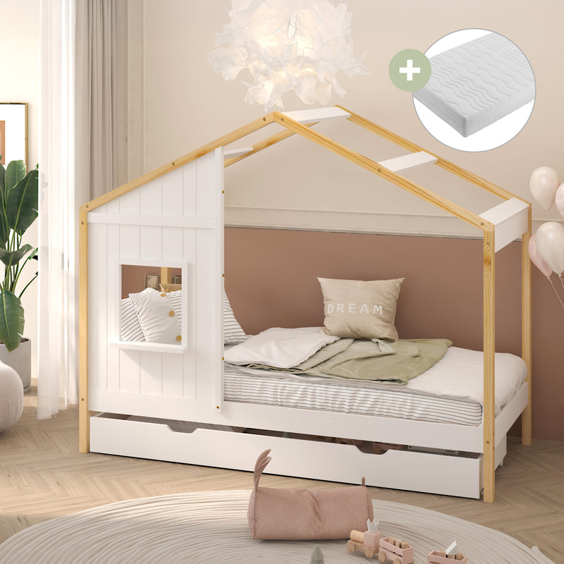 Sunny Beau Hushusseng med Opbevaringsskuffe Brun/Hvid – Med Madras