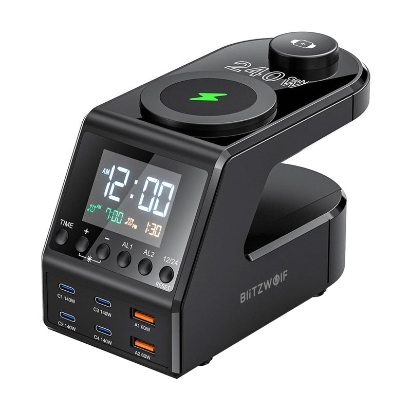 Blitzwolf BW-FW10 vækkeur med lader 2x USB-A, 4x USB-C, 240W