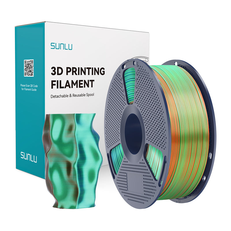 Sunlu PLA+ Silk trefarvet filament (orange, blå og grøn)