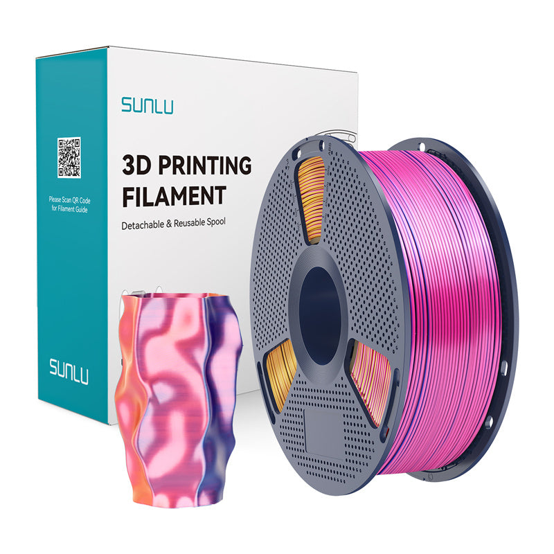 Sunlu PLA+ Silk trefarvet filament (rød, gul og blå)