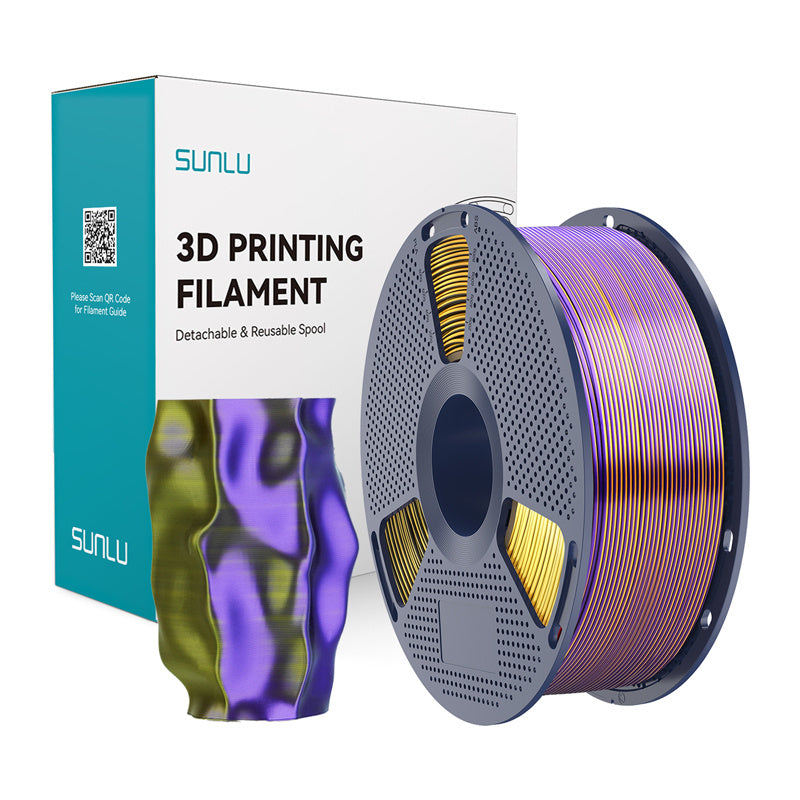 Sunlu PLA+ Silk trefarvet filament (sort, guld og lilla)