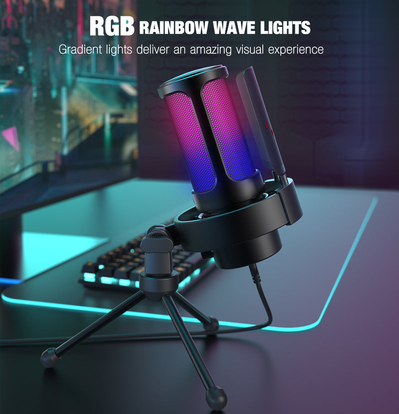Fifine A8V RGB USB-kondensatormikrofon, sort