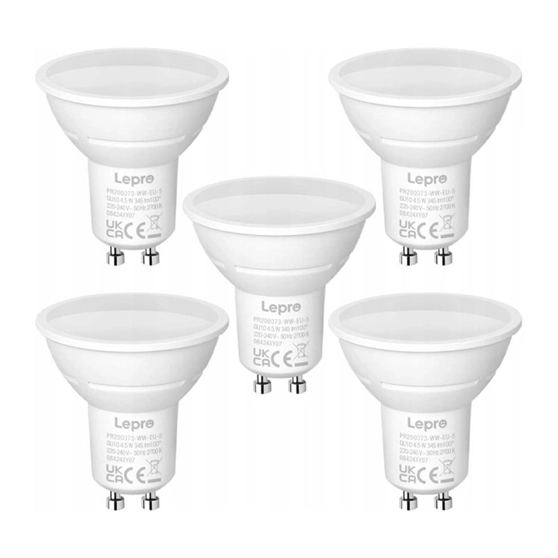 LEPRO 200073-WW-EU-5 GU10 LED-pære, 4,5W, 345 lm, 2700K, 100°, 5-pak