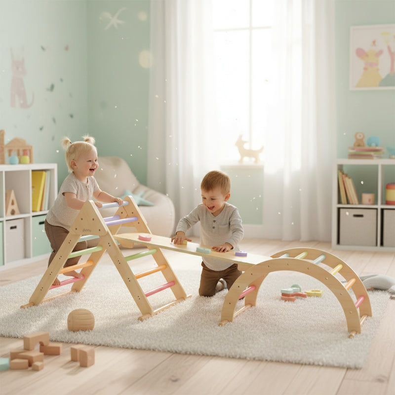Sunny Charlie 3-in-1 Klatretrekant i træ med Klatrevæg og Rocker - Pastel