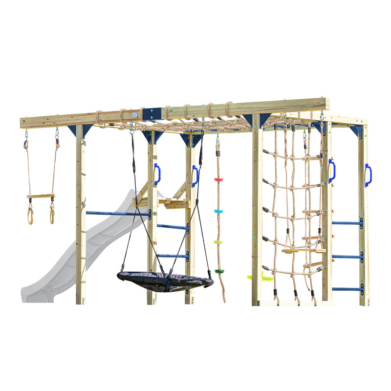 AXI Boris Legetårn med Gynger, Trapez, Klatrenet og Monkey Bars – Hvid Rutsjebane