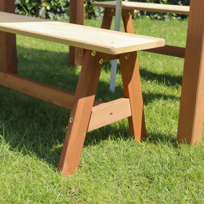 AXI Dennis Sand- & Vand Picnicbord med legekøkkenvask og bænke Brun - Parasol Blå/Hvid