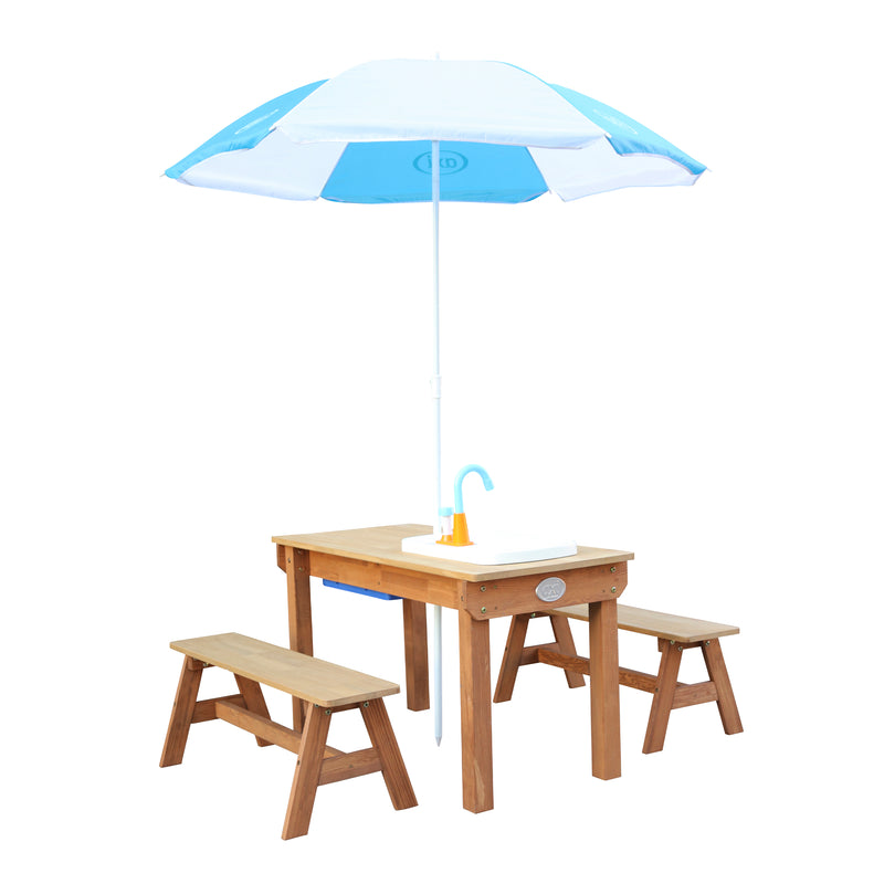 AXI Dennis Sand- & Vand Picnicbord med legekøkkenvask og bænke Brun - Parasol Blå/Hvid