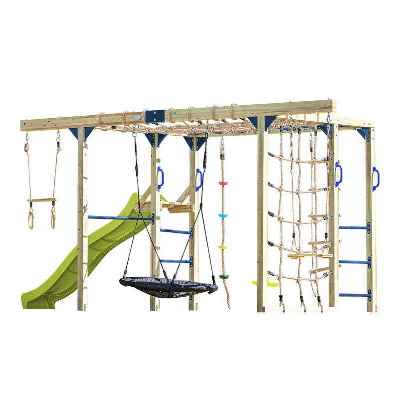 AXI Boris Legetårn med Gynger, Trapez, Klatrenet og Monkey Bars – Limegrøn Rutsjebane