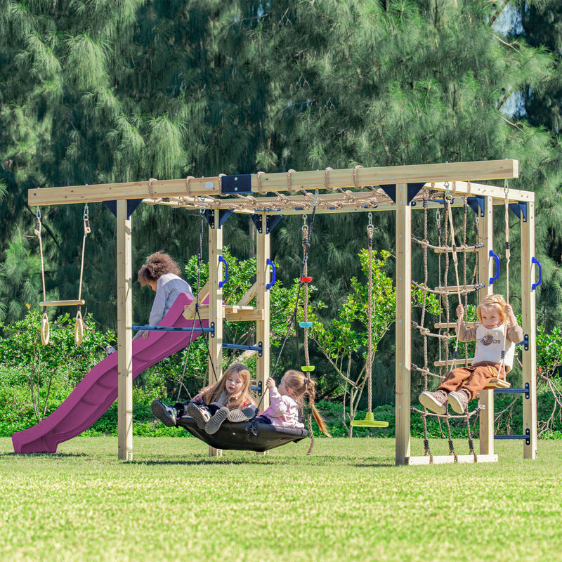 AXI Boris Legetårn med Gynger, Trapez, Klatrenet og Monkey Bars – Lilla Rutsjebane