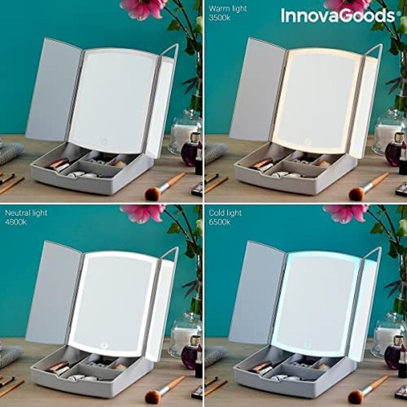 3-i-1 sammenklappeligt LED-spejl med makeup-organiser InnovaGoods Hvid (Refurbished B)