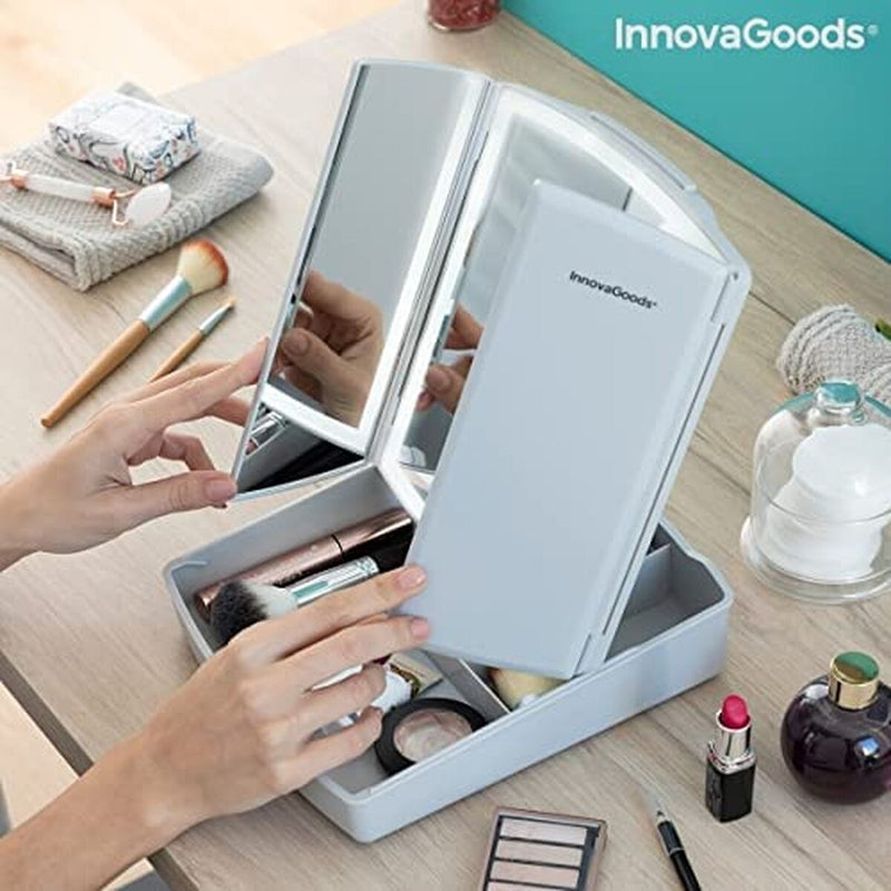 3-i-1 sammenklappeligt LED-spejl med makeup-organiser InnovaGoods Hvid (Refurbished B)