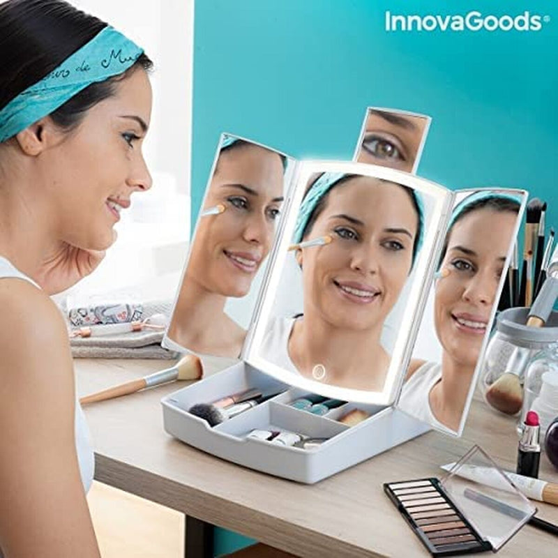 3-i-1 sammenklappeligt LED-spejl med makeup-organiser InnovaGoods Hvid (Refurbished B)