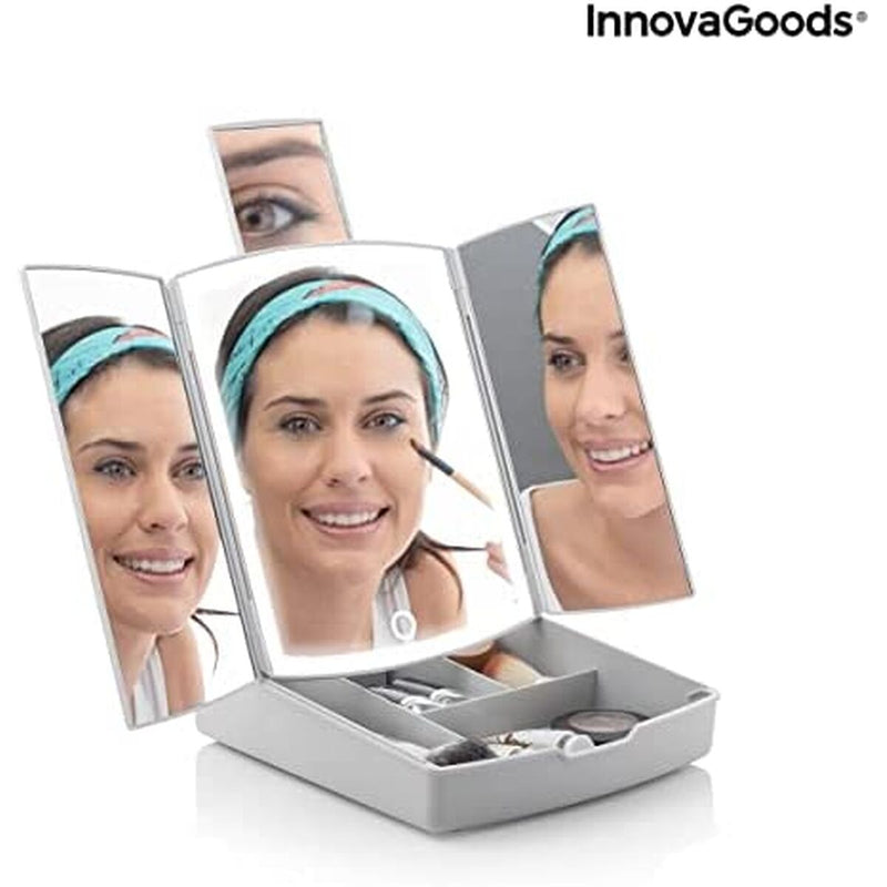 3-i-1 sammenklappeligt LED-spejl med makeup-organiser InnovaGoods Hvid (Refurbished B)