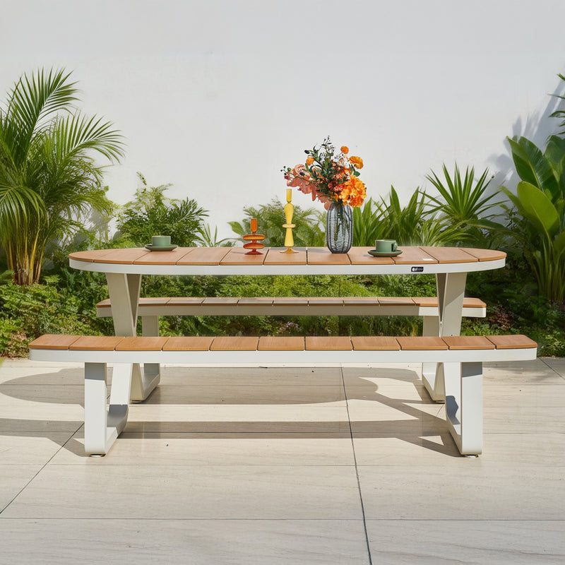 AXI Jax Picnicbord med 2 bænke Oval – Sandy Beige/Teak-look Polywood